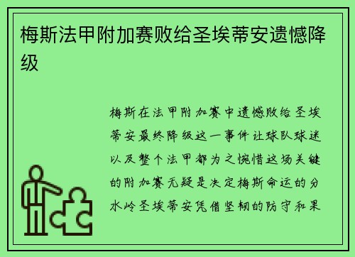 梅斯法甲附加赛败给圣埃蒂安遗憾降级