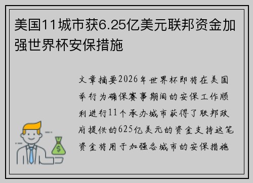 美国11城市获6.25亿美元联邦资金加强世界杯安保措施
